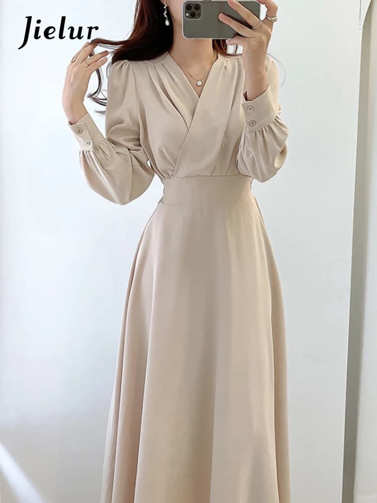 Jielur Harajuku V-neck Puff Sleeve A-line Maxi Dress Woman Solid Color Midi Robe Korean Office Dresses Elegant Spring Dress Lady