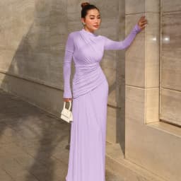Elegant Pink Irregular Pleated Maxi Dress Women O-Neck Long Sleeve Ruched Slim Long Dress Wedding Guest Evening Party Robes 2026