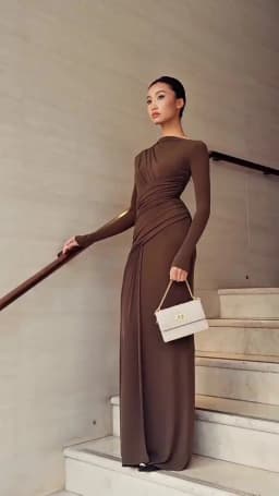 Elegant Pink Irregular Pleated Maxi Dress Women O-Neck Long Sleeve Ruched Slim Long Dress Wedding Guest Evening Party Robes 2026