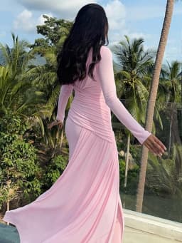 Elegant Pink Irregular Pleated Maxi Dress Women O-Neck Long Sleeve Ruched Slim Long Dress Wedding Guest Evening Party Robes 2026