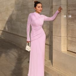 Elegant Pink Irregular Pleated Maxi Dress Women O-Neck Long Sleeve Ruched Slim Long Dress Wedding Guest Evening Party Robes 2026