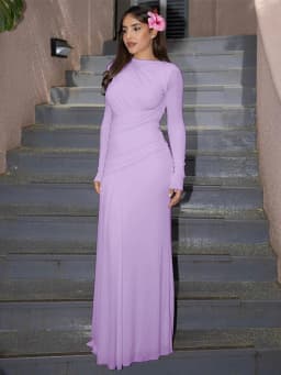 Elegant Pink Irregular Pleated Maxi Dress Women O-Neck Long Sleeve Ruched Slim Long Dress Wedding Guest Evening Party Robes 2026
