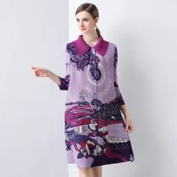 Miyake Pleated Dress Women Spring Summer Colorblock Printing Lapel 3/4 Sleeve Single-breasted Fashion Irregular Shirt Dresses