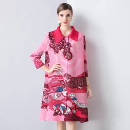 Miyake Pleated Dress Women Spring Summer Colorblock Printing Lapel 3/4 Sleeve Single-breasted Fashion Irregular Shirt Dresses