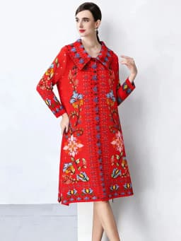 Miyake Pleated Dress Women Spring Summer Colorblock Printing Lapel 3/4 Sleeve Single-breasted Fashion Irregular Shirt Dresses
