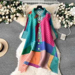 Miyake Pleated Dress Women Spring Summer Colorblock Printing Lapel 3/4 Sleeve Single-breasted Fashion Irregular Shirt Dresses