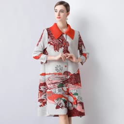 Miyake Pleated Dress Women Spring Summer Colorblock Printing Lapel 3/4 Sleeve Single-breasted Fashion Irregular Shirt Dresses