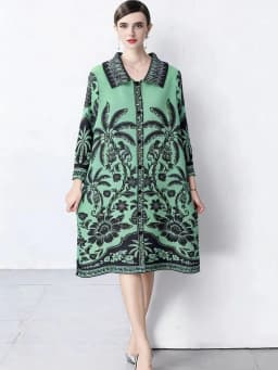 Miyake Pleated Dress Women Spring Summer Colorblock Printing Lapel 3/4 Sleeve Single-breasted Fashion Irregular Shirt Dresses