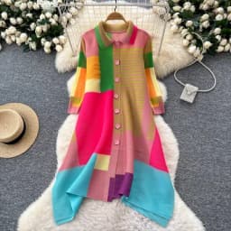 Miyake Pleated Dress Women Spring Summer Colorblock Printing Lapel 3/4 Sleeve Single-breasted Fashion Irregular Shirt Dresses