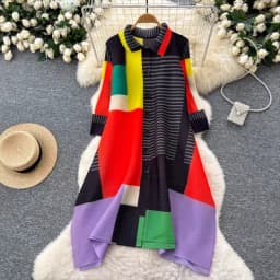 Miyake Pleated Dress Women Spring Summer Colorblock Printing Lapel 3/4 Sleeve Single-breasted Fashion Irregular Shirt Dresses