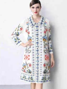 Miyake Pleated Dress Women Spring Summer Colorblock Printing Lapel 3/4 Sleeve Single-breasted Fashion Irregular Shirt Dresses