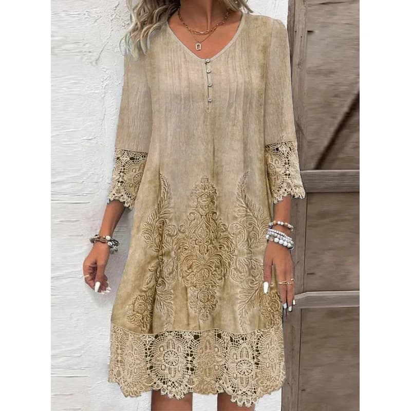 Fashion Summer Dresses 2026 Summer New 3D Pattern Lace Splicing Hollowed Out Midi Dress Casual Short Sleeve Dresses Lady Vestido