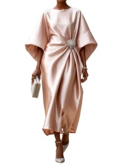 2026 New Women's Fashion Satin O Neck Batwing Sleeve Dresses Rhinestone Waist Decor Ruched Elegant Evening Party Cocktail Dress