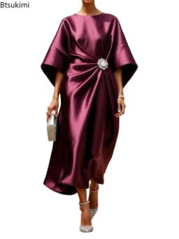 2026 New Women's Fashion Satin O Neck Batwing Sleeve Dresses Rhinestone Waist Decor Ruched Elegant Evening Party Cocktail Dress