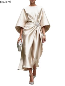 2026 New Women's Fashion Satin O Neck Batwing Sleeve Dresses Rhinestone Waist Decor Ruched Elegant Evening Party Cocktail Dress