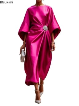2026 New Women's Fashion Satin O Neck Batwing Sleeve Dresses Rhinestone Waist Decor Ruched Elegant Evening Party Cocktail Dress