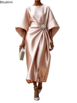 2026 New Women's Fashion Satin O Neck Batwing Sleeve Dresses Rhinestone Waist Decor Ruched Elegant Evening Party Cocktail Dress