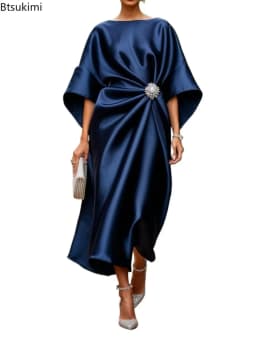 2026 New Women's Fashion Satin O Neck Batwing Sleeve Dresses Rhinestone Waist Decor Ruched Elegant Evening Party Cocktail Dress
