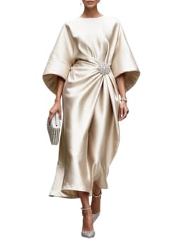 2026 New Women's Fashion Satin O Neck Batwing Sleeve Dresses Rhinestone Waist Decor Ruched Elegant Evening Party Cocktail Dress