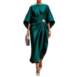 2026 New Women's Fashion Satin O Neck Batwing Sleeve Dresses Rhinestone Waist Decor Ruched Elegant Evening Party Cocktail Dress