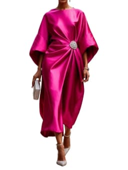 2026 New Women's Fashion Satin O Neck Batwing Sleeve Dresses Rhinestone Waist Decor Ruched Elegant Evening Party Cocktail Dress