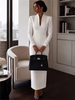 2026 Women's Fashion Evening Party Elegant Long Dress Solid V-Neck Long Sleeve Sheath Bodycon Maxi Dresses White Black Clothing
