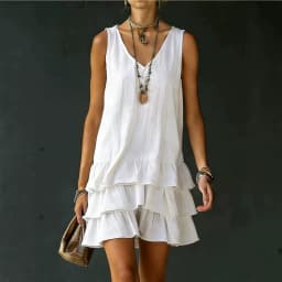 2026 Summer Casual Simple Solid Color Dress Women's Elegant Solid Color V-Neck Sleeveless Loose Layered Ruffle Edge Vest Dress
