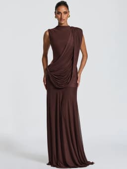 Mozision Women High Neck Sleeveless Maxi Dress Side Back Cutout Draped Knot Ruched Mermaid Evening Wedding Guest Formal Dress