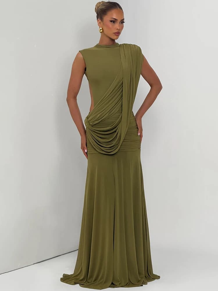 Mozision Women High Neck Sleeveless Maxi Dress Side Back Cutout Draped Knot Ruched Mermaid Evening Wedding Guest Formal Dress