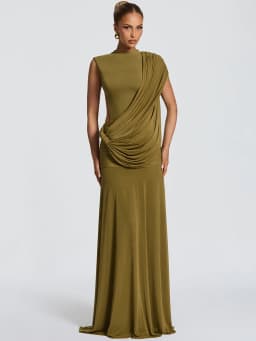 Mozision Women High Neck Sleeveless Maxi Dress Side Back Cutout Draped Knot Ruched Mermaid Evening Wedding Guest Formal Dress