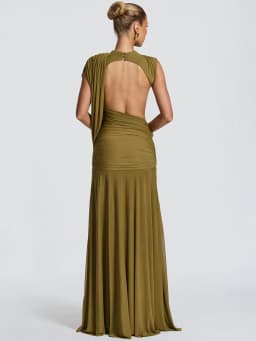 Mozision Women High Neck Sleeveless Maxi Dress Side Back Cutout Draped Knot Ruched Mermaid Evening Wedding Guest Formal Dress