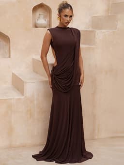 Mozision Women High Neck Sleeveless Maxi Dress Side Back Cutout Draped Knot Ruched Mermaid Evening Wedding Guest Formal Dress