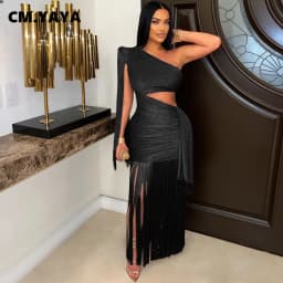 CM.YAYA Women One Shoulder Tassel Sleeveless Long Dress Diagonal Collar Summer Street Evening Sexy Night Party Dresses Vestidos