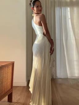 HH Fashion Elegant Female One Shoulder Ruffled Slim Long Dress Women Summer Sexy Waist Hollow Out Backless Sleeveless Dress