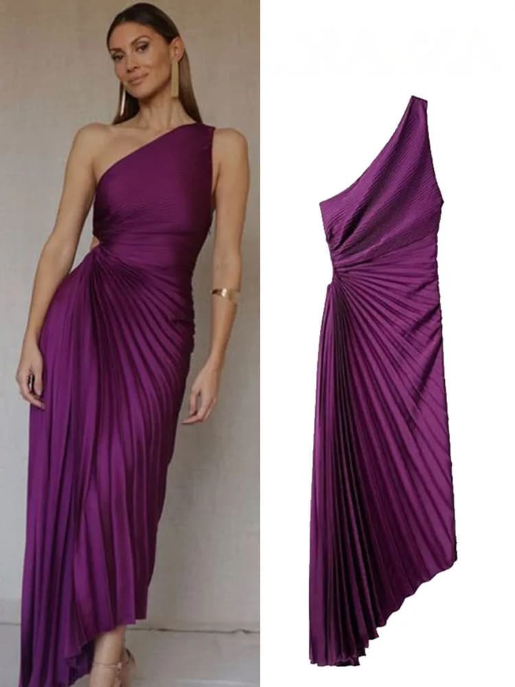 HH Fashion Elegant Female One Shoulder Ruffled Slim Long Dress Women Summer Sexy Waist Hollow Out Backless Sleeveless Dress