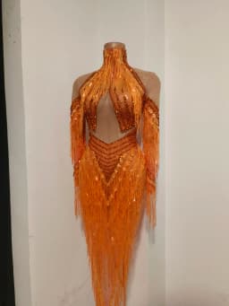 Sparkly Diamond Orange Tassel Long Sleeves Mesh Transparent Dress Women Latin Dance Outfits Bar Nightclub Party Club Stage Wear