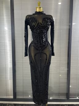 Sparkly Crystal Women Long Sleeve Sexy Mesh See Through Bodycon Long Dress Bar Singer Celebrate Performance Costumes Stage Wear