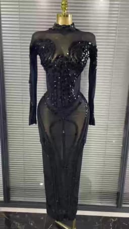Sparkly Crystal Women Long Sleeve Sexy Mesh See Through Bodycon Long Dress Bar Singer Celebrate Performance Costumes Stage Wear