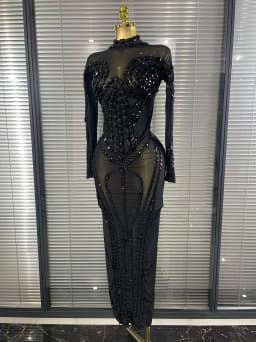 Sparkly Crystal Women Long Sleeve Sexy Mesh See Through Bodycon Long Dress Bar Singer Celebrate Performance Costumes Stage Wear