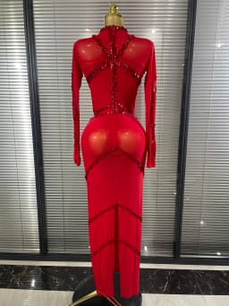 Sparkly Crystal Women Long Sleeve Sexy Mesh See Through Bodycon Long Dress Bar Singer Celebrate Performance Costumes Stage Wear