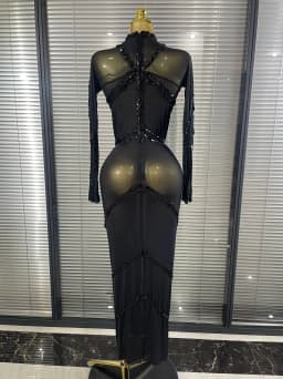 Sparkly Crystal Women Long Sleeve Sexy Mesh See Through Bodycon Long Dress Bar Singer Celebrate Performance Costumes Stage Wear