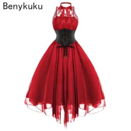 Victorian Gothic Punk Vintage Halter Dresses 2026 Women Black Sleeveless Cross Back Retro Lace Panel Corset Swing Party Dress
