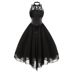 Victorian Gothic Punk Vintage Halter Dresses 2026 Women Black Sleeveless Cross Back Retro Lace Panel Corset Swing Party Dress