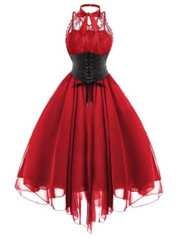 Victorian Gothic Punk Vintage Halter Dresses 2026 Women Black Sleeveless Cross Back Retro Lace Panel Corset Swing Party Dress