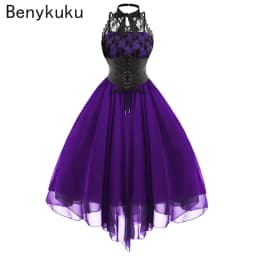 Victorian Gothic Punk Vintage Halter Dresses 2026 Women Black Sleeveless Cross Back Retro Lace Panel Corset Swing Party Dress