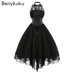 Victorian Gothic Punk Vintage Halter Dresses 2026 Women Black Sleeveless Cross Back Retro Lace Panel Corset Swing Party Dress
