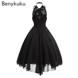 Victorian Gothic Punk Vintage Halter Dresses 2026 Women Black Sleeveless Cross Back Retro Lace Panel Corset Swing Party Dress