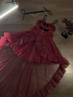 Vintage Princess Gothic Red Lolita JSK Dress Spaghetti Strap Ruffle Tulle Skirt with Chain Bow Decor High‑Low Hem for Women