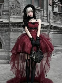 Vintage Princess Gothic Red Lolita JSK Dress Spaghetti Strap Ruffle Tulle Skirt with Chain Bow Decor High‑Low Hem for Women