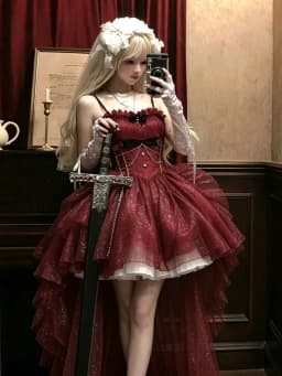 Vintage Princess Gothic Red Lolita JSK Dress Spaghetti Strap Ruffle Tulle Skirt with Chain Bow Decor High‑Low Hem for Women